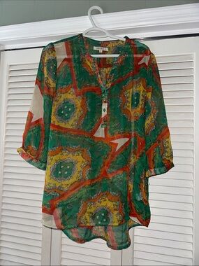 Umgee Sheer Green Paisley-Print Button Front Blouse